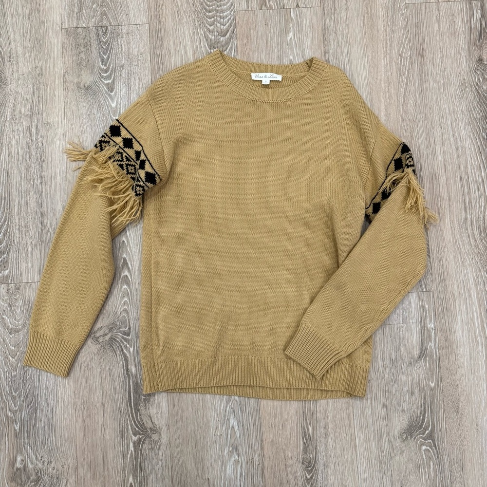 Camel Sweater with Black Fringe Accents